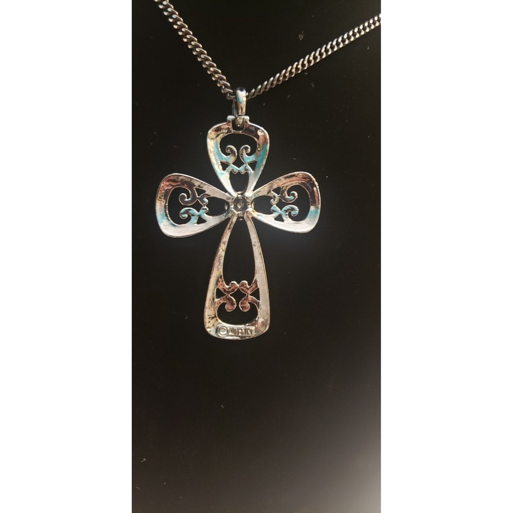 Sarah Coventry Romanesque gunmetal gray black cross pendant necklace 24" chain - Picture 2 of 5